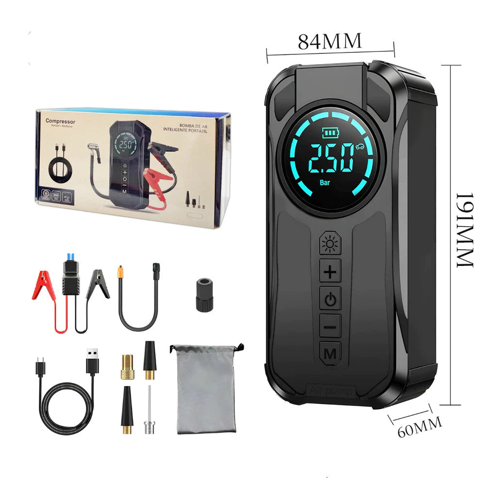 Bomba de Ar Portatil Compressor Inflator Multi-função 4 em 1 PowerBank 8kmah Bateria Calibrador de Carro Auto Pneu