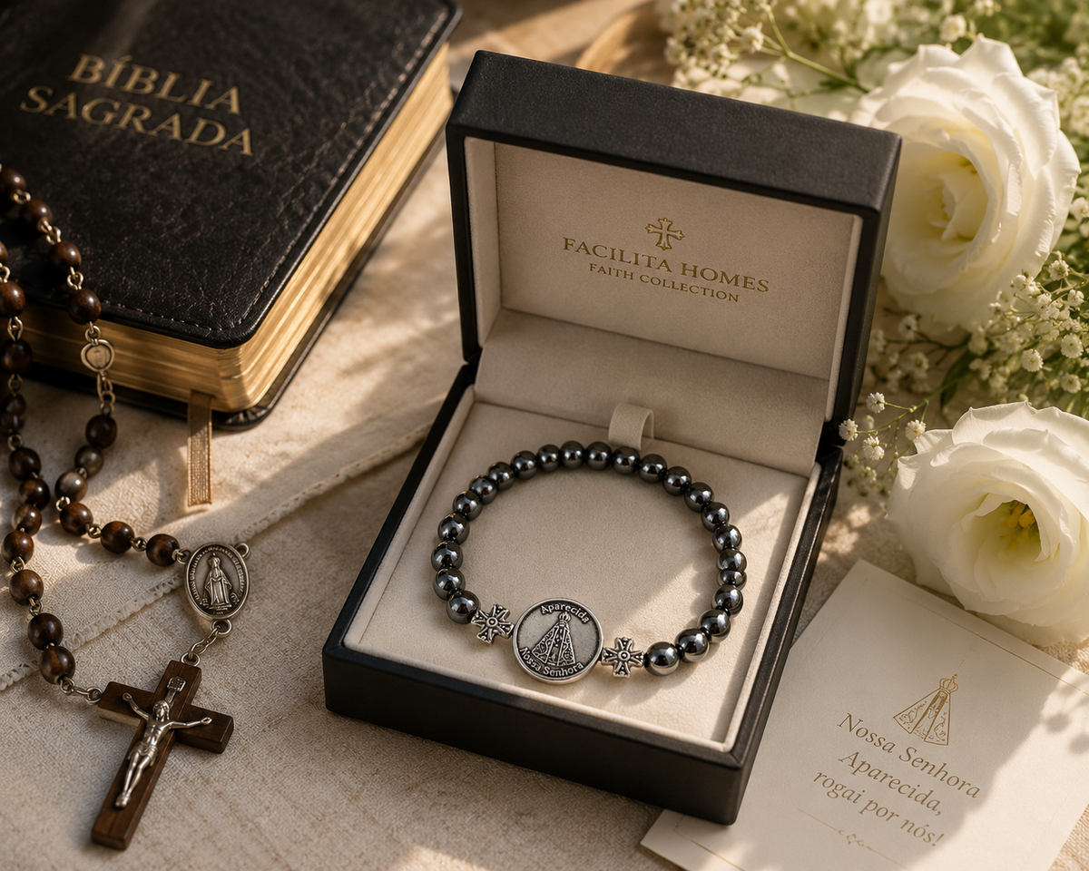 Pulseira Hematita com medalha Nossa Senhora Aparecida