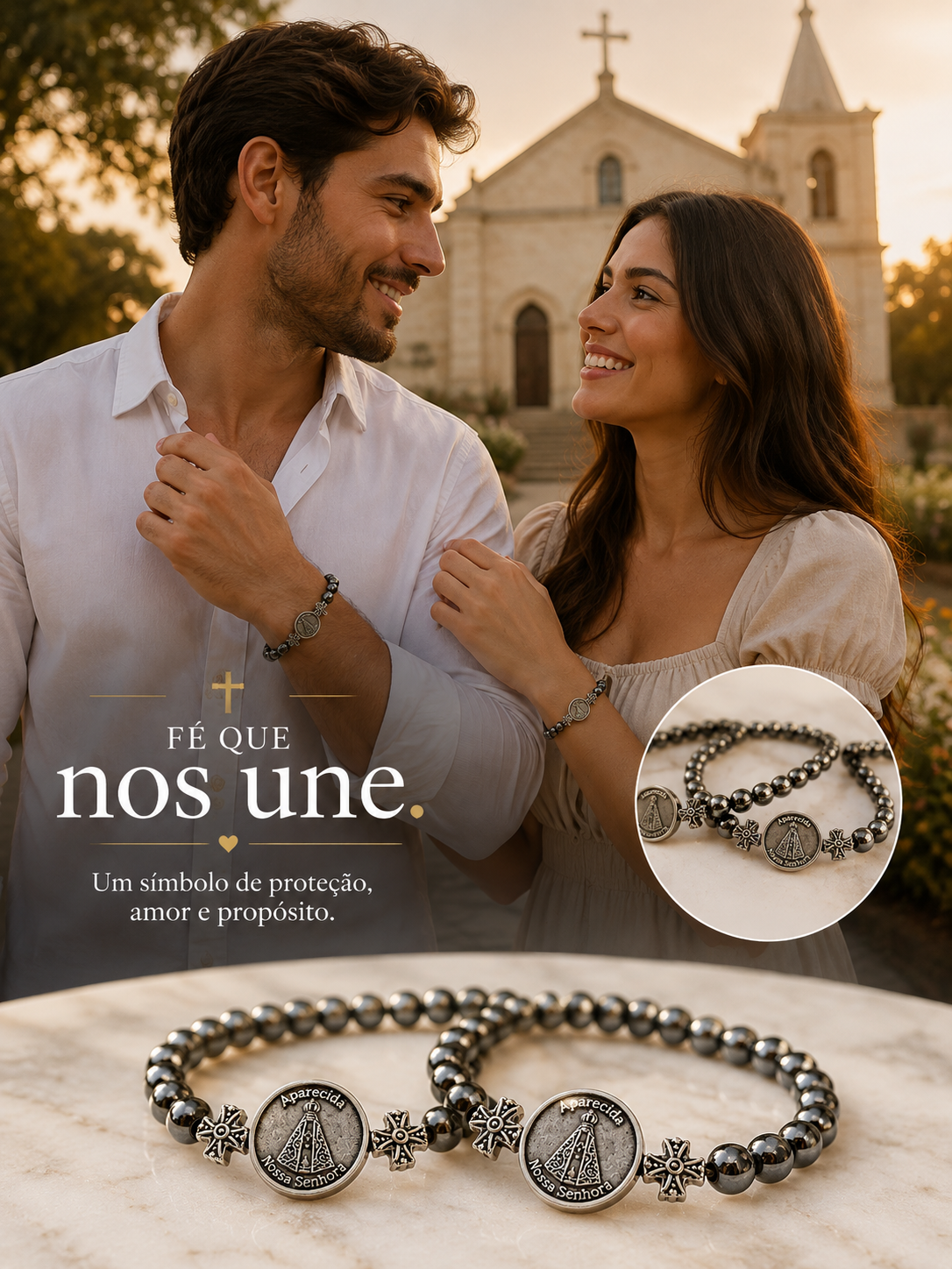 Pulseira Hematita com medalha Nossa Senhora Aparecida