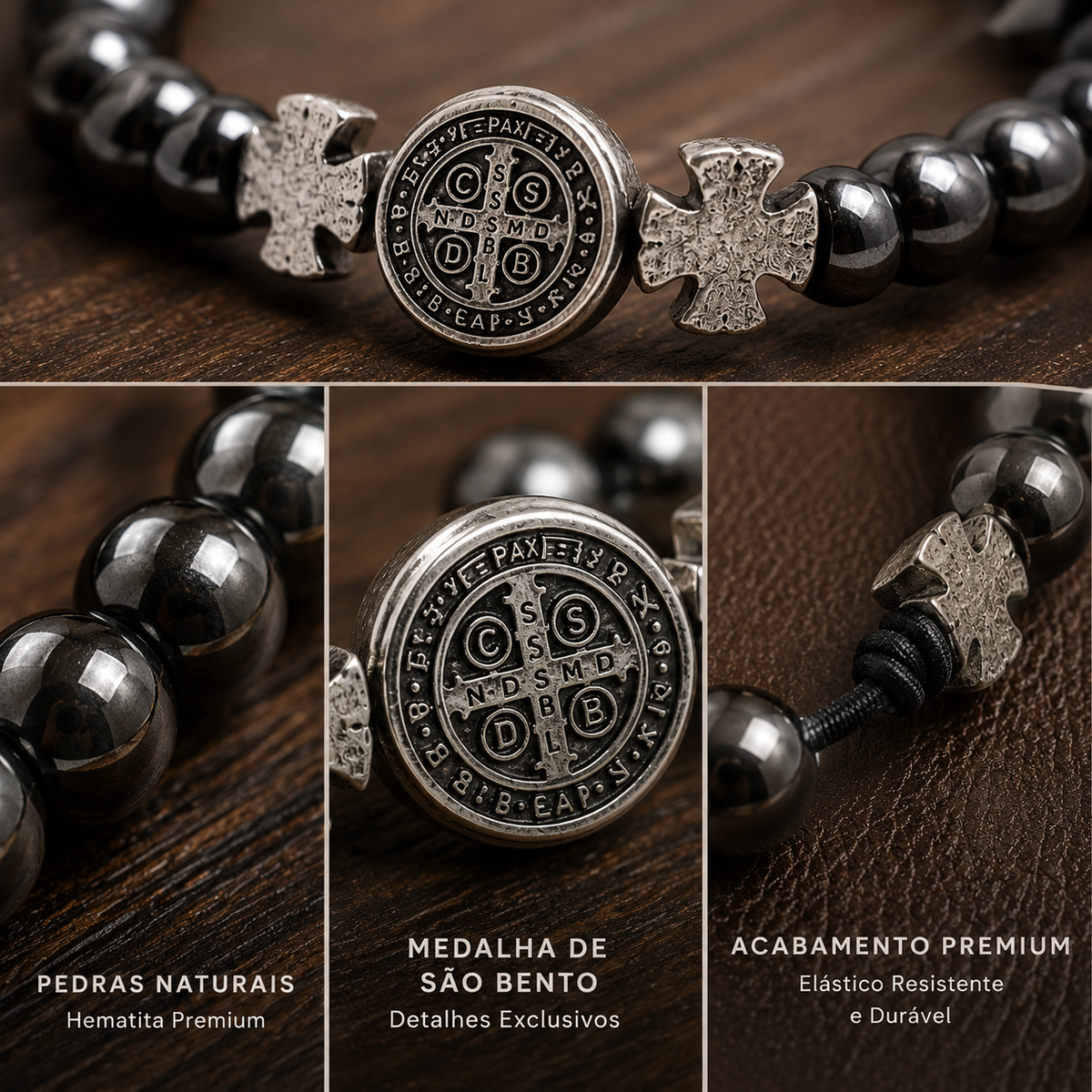 Pulseira Hematita Medalha De São Bento