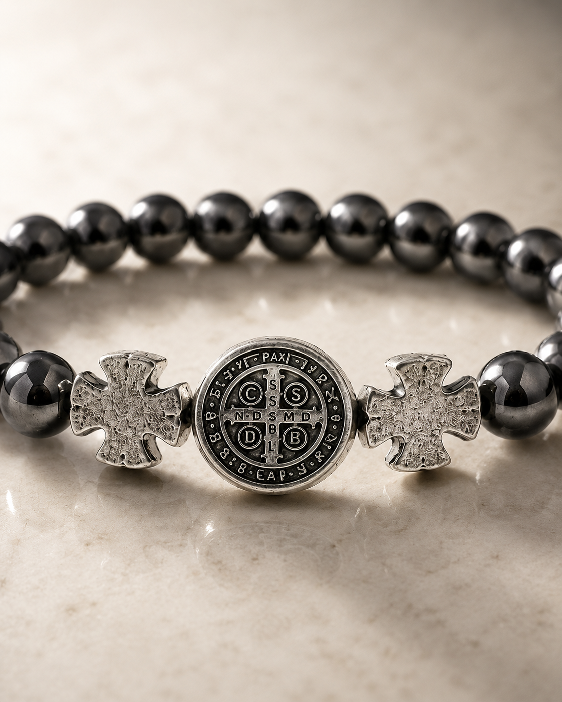 Pulseira Hematita Medalha De São Bento