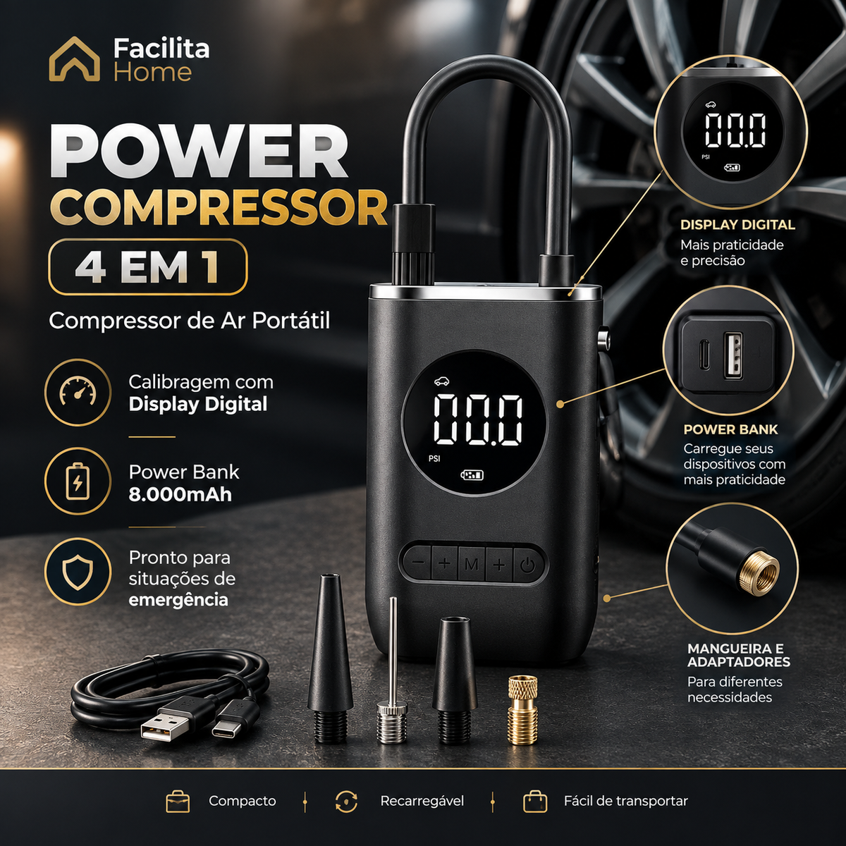 Bomba de Ar Portatil Compressor Inflator Multi-função 4 em 1 PowerBank 8kmah Bateria Calibrador de Carro Auto Pneu